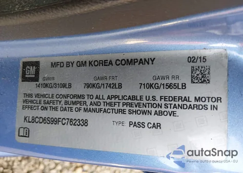 2015 Chevrolet Spark 1Lt Cvt z USA, uszkodzony, nr VIN KL8CD6S99FC762338